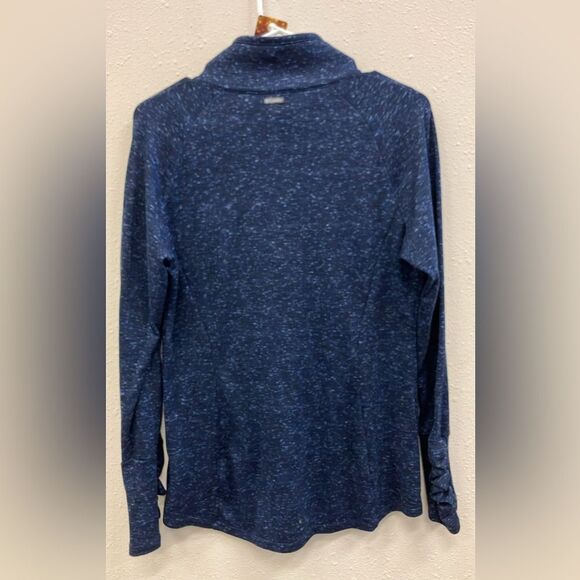 Columbia Blue Textured Knit Quarter zip Sweater with ruched sleeves Large #743 - Picture 3 of 4